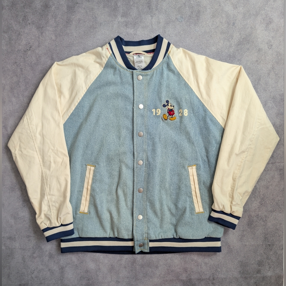 Mickey Mouse 1928 League Denim Varsity Retro Y2K Embroidery Size L Blue & Cream - Picture 2 of 8
